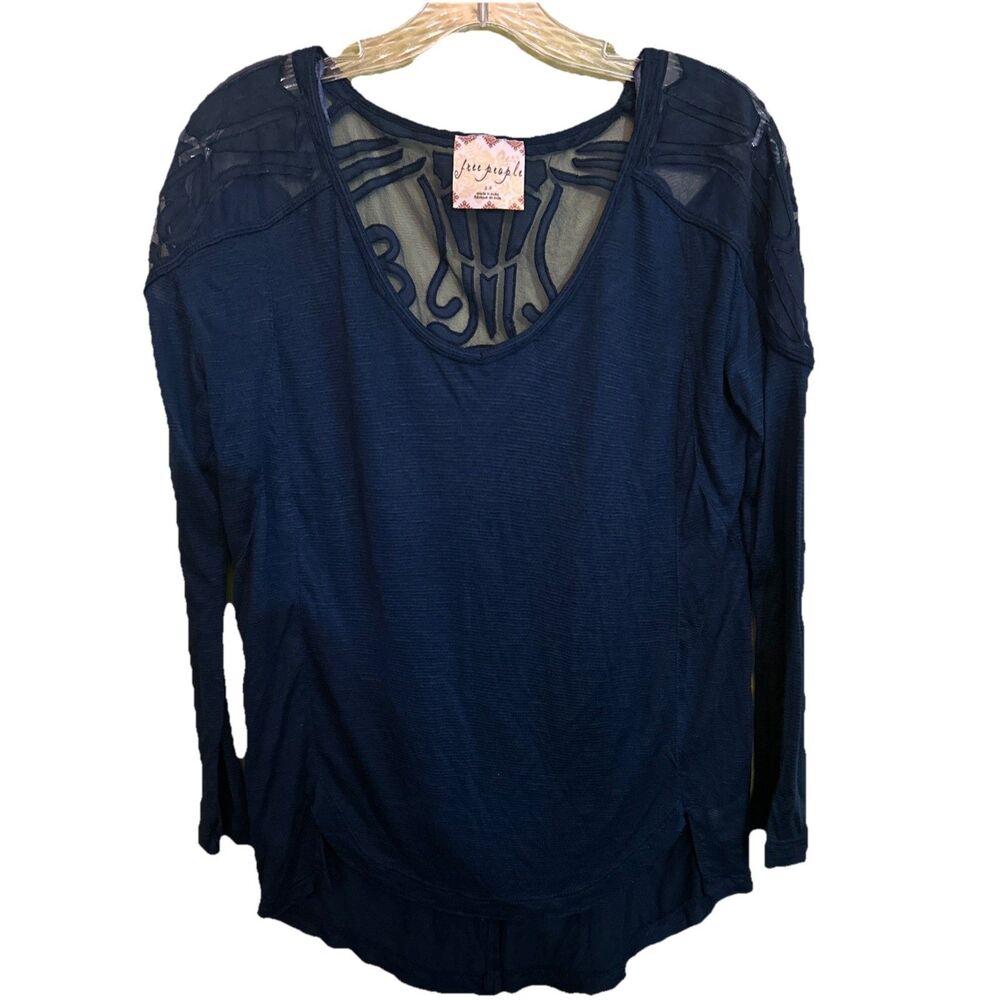 Free People Blue top  size Small Semi Sheer Boho Festival Navy Blouse